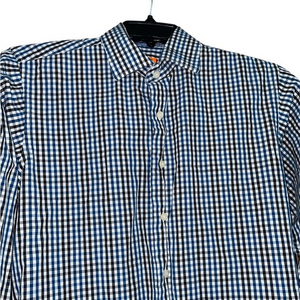 Tallia Men’s Flip Cuff‎ Checked Dress Shirt Blue White Size Medium 15.5 Cotton